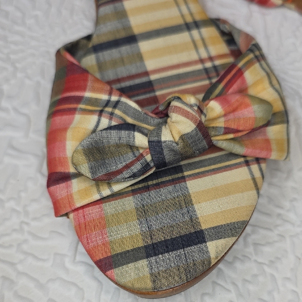 J. Crew Plaid Bow Slide Sandals in Red, Yellow, Blue, Green, Brown - Picture 6 of 7